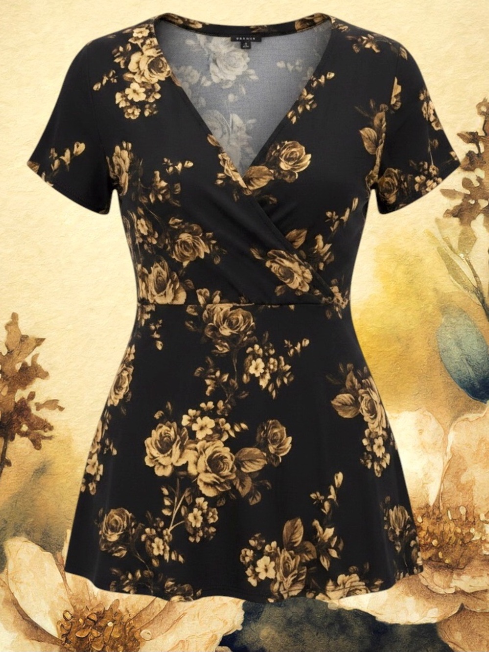 TORRID Black AntiqueGold Floral Faux Wrap Stretch Top Plus Size 3X (22/24) 21.00